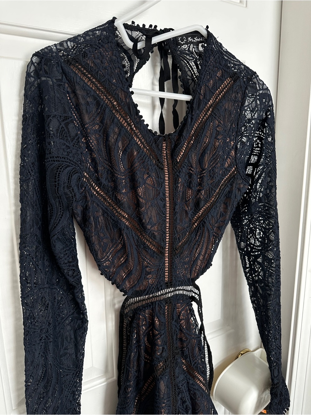 For Love & Lemons Black (Dark Navy) Lace Backless Long Sleeve Mini Dress - L - Picture 2 of 8